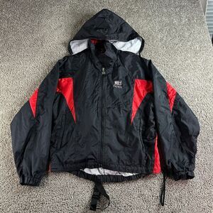 VTG Frank Shorter Jacket Mens L Black Red Nylon Lined Tracksuit Coat Packable
